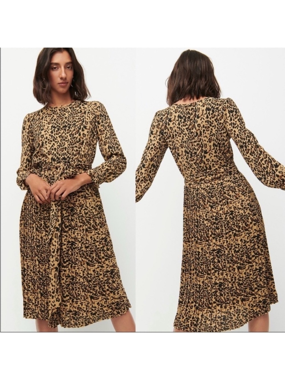 Leopard Print Long Sleeve Midi Dress - Tan/Black